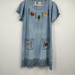 VTG Shipshe Fringed Hem Denim Dress L Blue Pottery Southwestern Egyptian Boho
